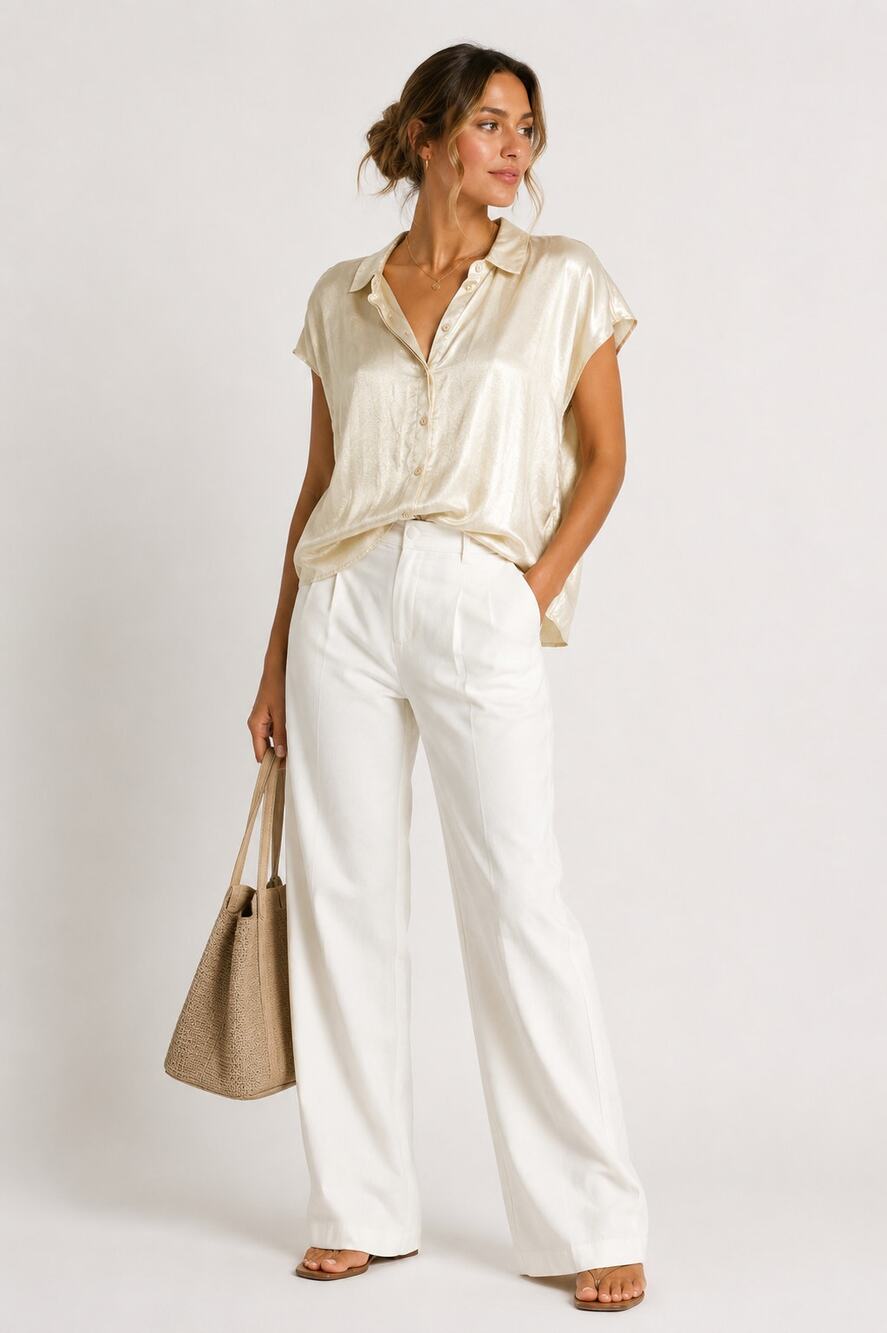 Vero Moda Gold Sparkle Short Sleeve Button Down Shirt Womens M Boxy Fit Slouchy